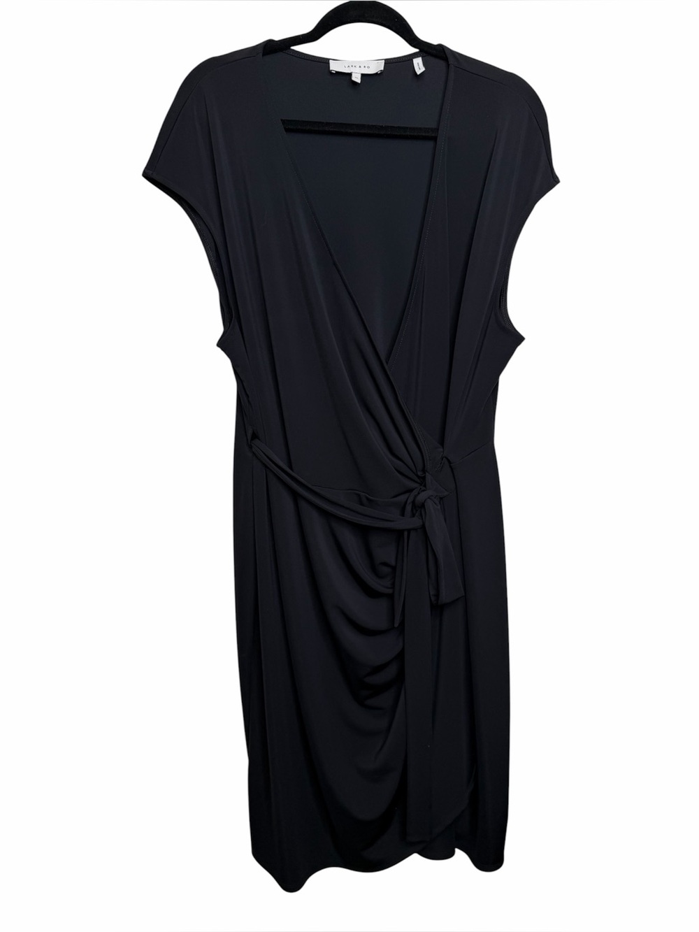 Lark & Ro Wrap Front Midi Dress Black Sz 2X Cap Sleeve V-Neck Slinky Classic